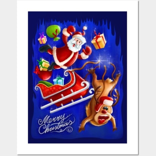 Santa and Reindeer falling Posters and Art